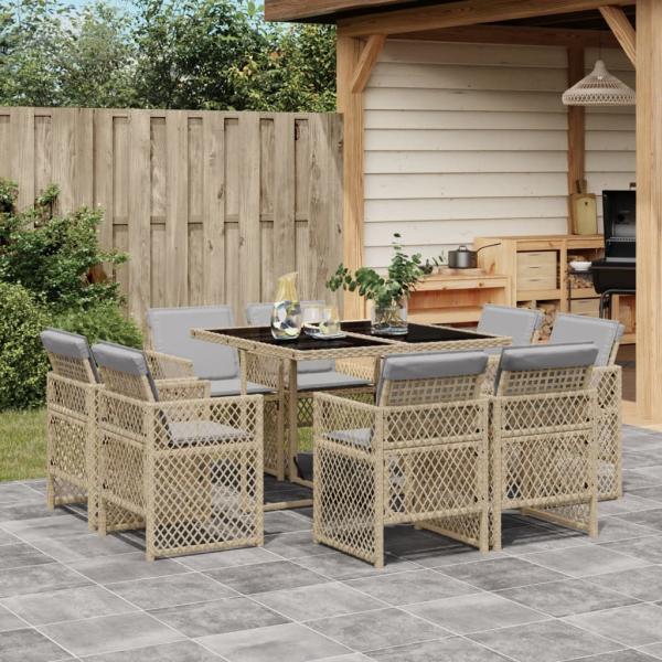 ARDEBO.de - 9-tlg. Garten-Essgruppe mit Kissen Beigemischung Poly Rattan