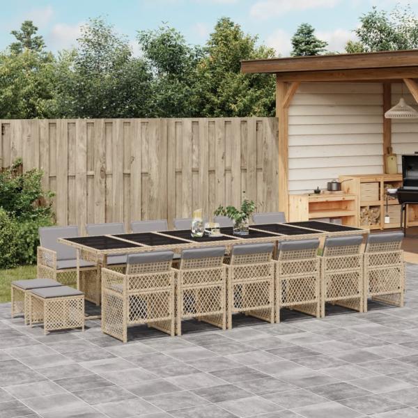 ARDEBO.de - 17-tlg. Garten-Essgruppe mit Kissen Beige Poly Rattan