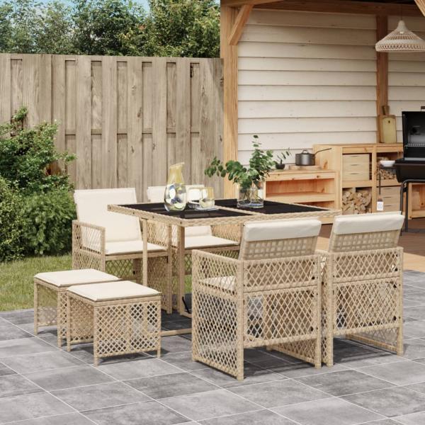 ARDEBO.de - 9-tlg. Garten-Essgruppe mit Kissen Beige Poly Rattan