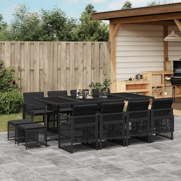 ARDEBO.de - 13-tlg. Garten-Essgruppe mit Kissen Schwarz Poly Rattan
