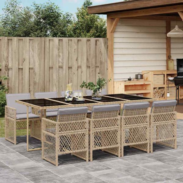 ARDEBO.de - 9-tlg. Garten-Essgruppe mit Kissen Beige Poly Rattan