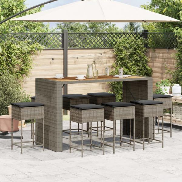 ARDEBO.de - 9-tlg. Gartenbar-Set mit Kissen Grau Poly Rattan