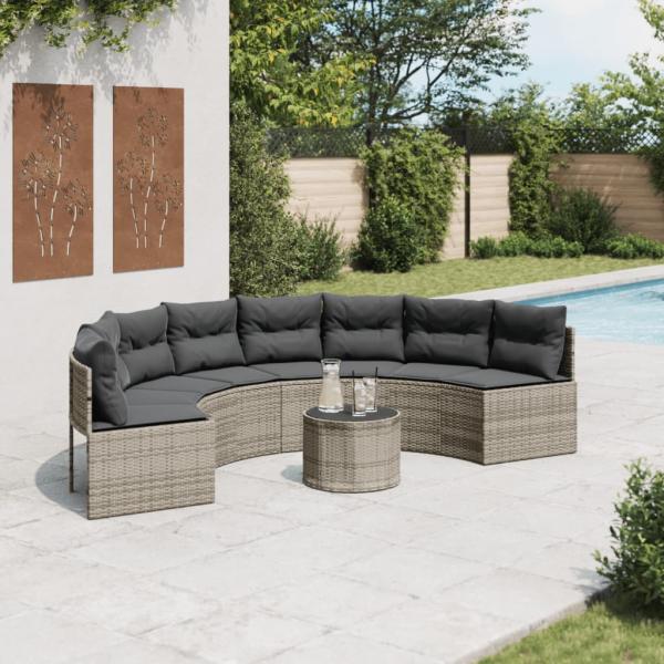 ARDEBO.de - Gartensofa mit Tisch und Kissen Halbrund Grau Poly Rattan