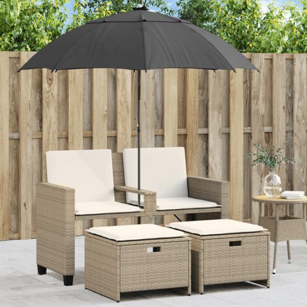 ARDEBO.de - Gartensofa 2-Sitzer Sonnenschirm und Hocker Beige Poly-Rattan