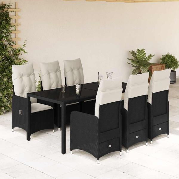 ARDEBO.de - 7-tlg. Garten-Bistro-Set mit Kissen Schwarz Poly Rattan