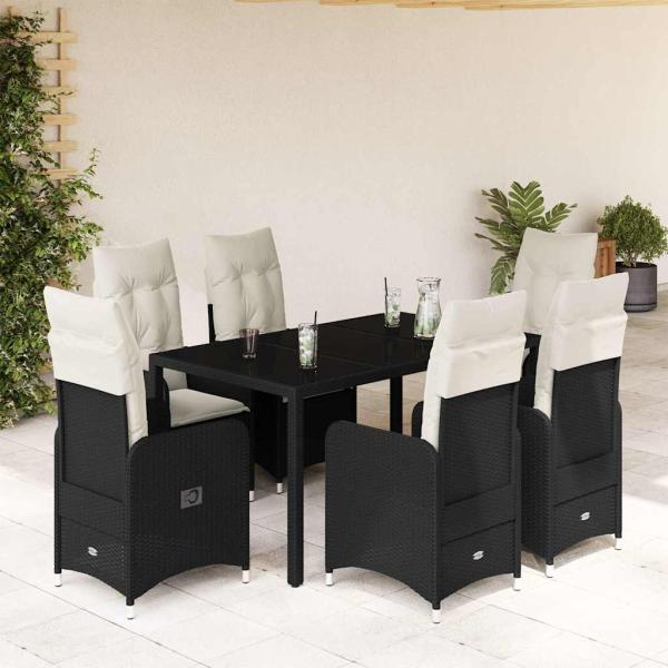ARDEBO.de - 7-tlg. Garten-Bistro-Set mit Kissen Schwarz Poly Rattan