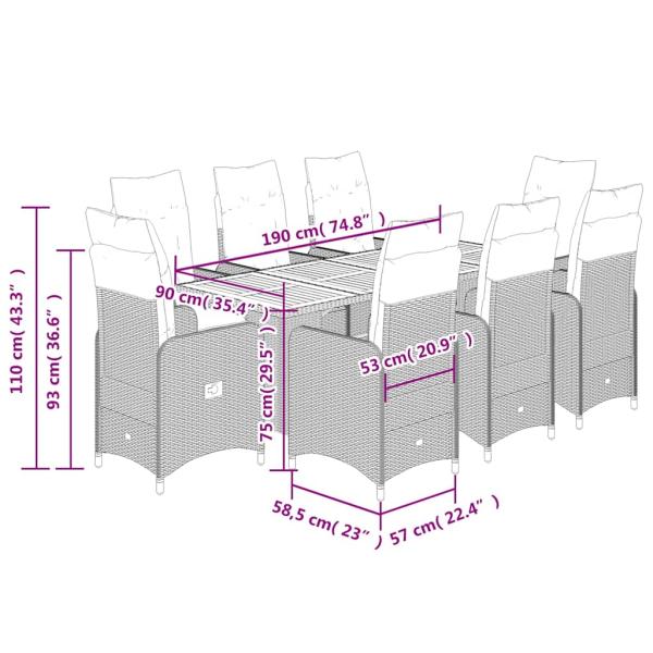 9-tlg. Garten-Bistro-Set mit Kissen Schwarz Poly Rattan