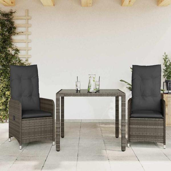 ARDEBO.de - 3-tlg. Garten-Bistro-Set mit Kissen Grau Poly Rattan