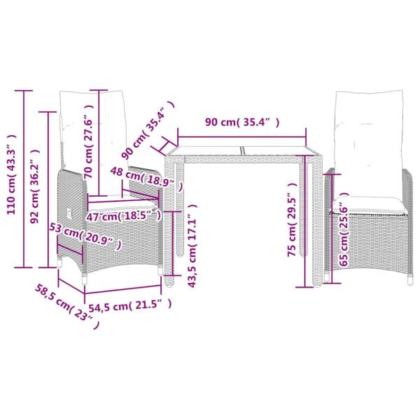 3-tlg. Garten-Bistro-Set mit Kissen Grau Poly Rattan