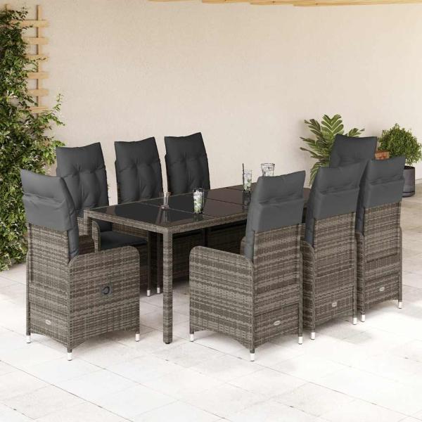 ARDEBO.de - 9-tlg. Garten-Bistro-Set mit Kissen Grau Poly Rattan