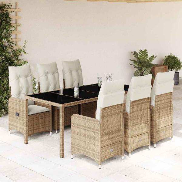 ARDEBO.de - 7-tlg. Garten-Bistro-Set mit Kissen Beige Poly Rattan
