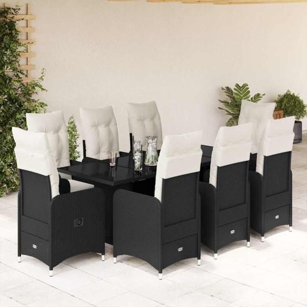 ARDEBO.de - 9-tlg. Garten-Bistro-Set mit Kissen Schwarz Poly Rattan