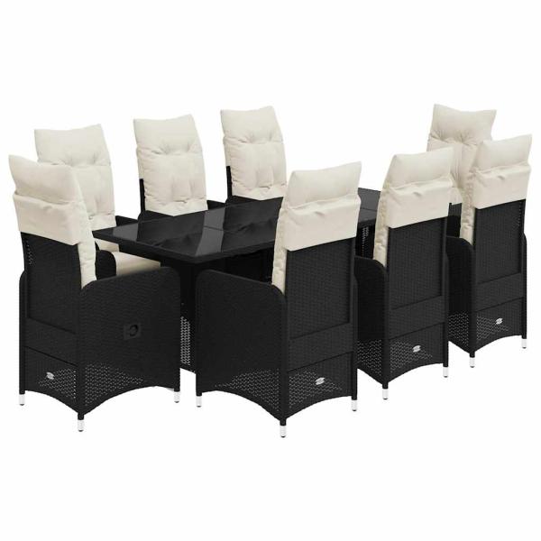 9-tlg. Garten-Bistro-Set mit Kissen Schwarz Poly Rattan