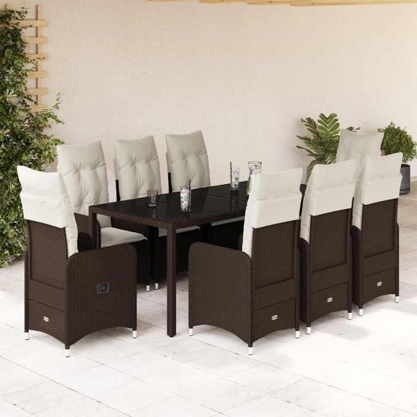 ARDEBO.de - 9-tlg. Garten-Bistro-Set mit Kissen Braun Poly Rattan