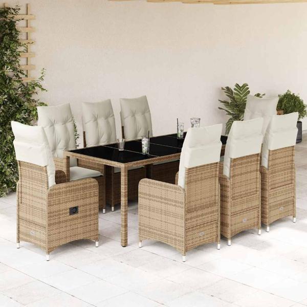 ARDEBO.de - 9-tlg. Garten-Bistro-Set mit Kissen Beige Poly Rattan