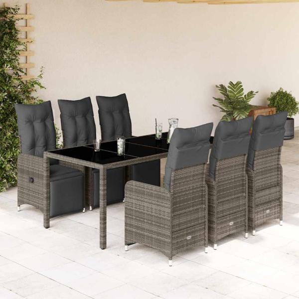 ARDEBO.de - 7-tlg. Garten-Bistro-Set mit Kissen Grau Poly Rattan