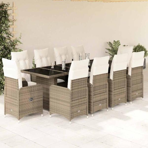 ARDEBO.de - 11-tlg. Garten-Bistro-Set mit Kissen Beige Poly Rattan