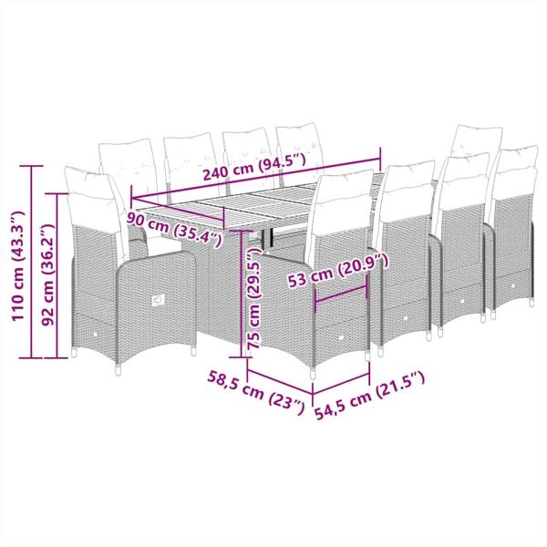11-tlg. Garten-Bistro-Set mit Kissen Grau Poly Rattan