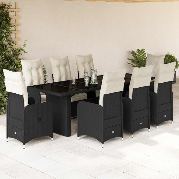 ARDEBO.de - 9-tlg. Garten-Bistro-Set mit Kissen Schwarz Poly Rattan