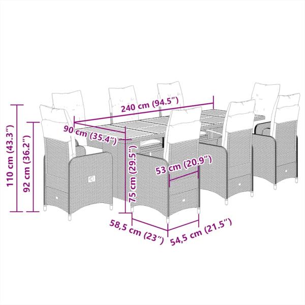 9-tlg. Garten-Bistro-Set mit Kissen Schwarz Poly Rattan