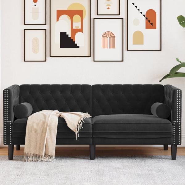 ARDEBO.de - Chesterfield-Sofa mit Nackenrollen 2-Sitzer Schwarz Samt