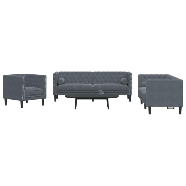 ARDEBO.de - 3-tlg. Chesterfield-Sofa-Set mit Nackenrollen Dunkelgrau Samt