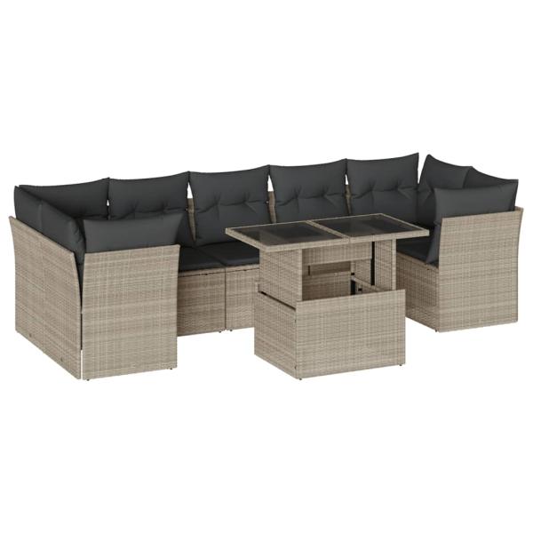 8-tlg. Garten-Sofagarnitur mit Kissen Hellgrau Poly Rattan