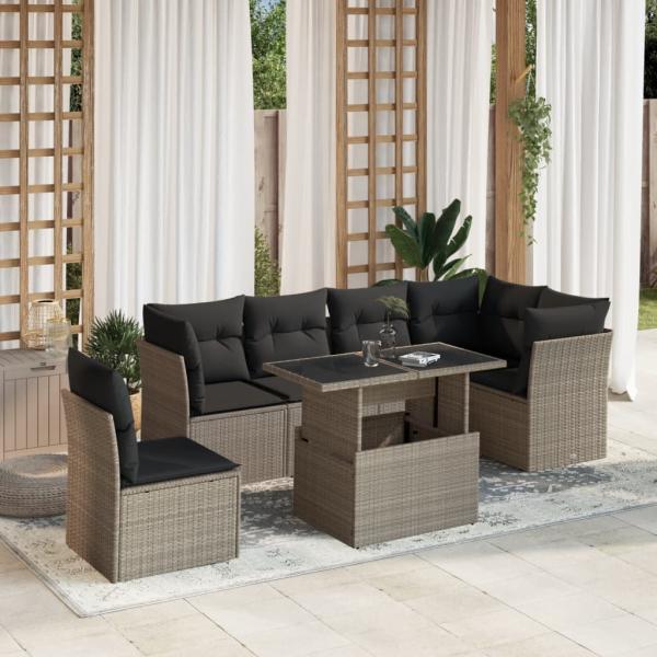 ARDEBO.de - 7-tlg. Garten-Sofagarnitur mit Kissen Hellgrau Poly Rattan