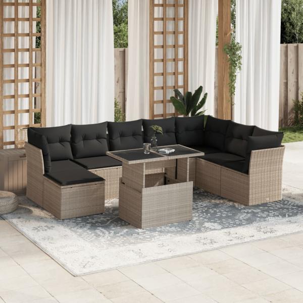 ARDEBO.de - 9-tlg. Garten-Sofagarnitur mit Kissen Hellgrau Poly Rattan