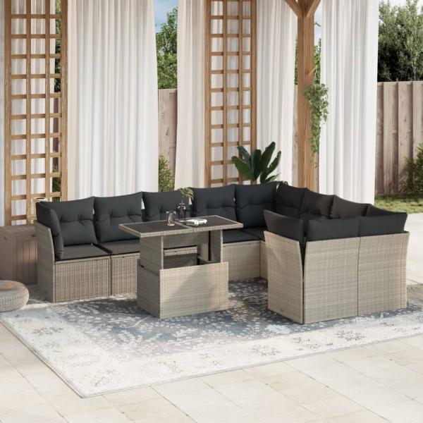 ARDEBO.de - 10-tlg. Garten-Sofagarnitur mit Kissen Hellgrau Poly Rattan