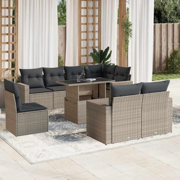 ARDEBO.de - 9-tlg. Garten-Sofagarnitur mit Kissen Hellgrau Poly Rattan