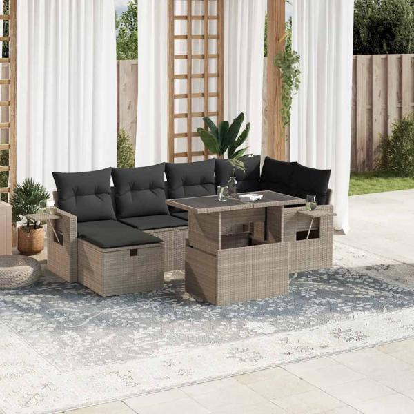 ARDEBO.de - 7-tlg. Garten-Sofagarnitur mit Kissen Hellgrau Poly Rattan