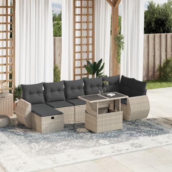 ARDEBO.de - 8-tlg. Garten-Sofagarnitur mit Kissen Hellgrau Poly Rattan
