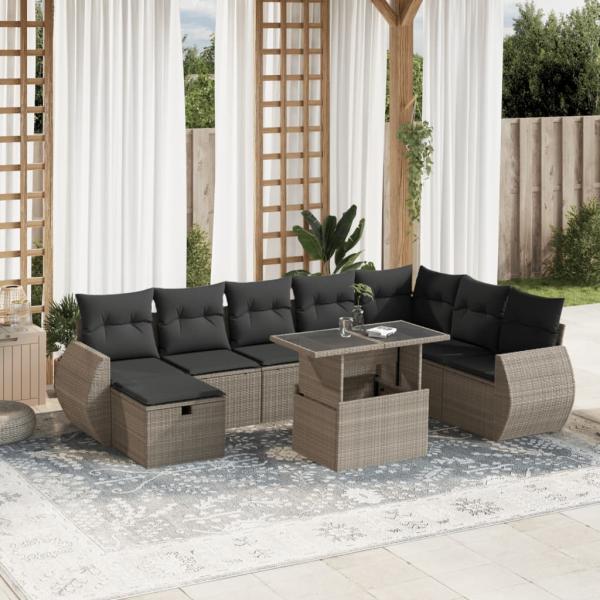 ARDEBO.de - 9-tlg. Garten-Sofagarnitur mit Kissen Hellgrau Poly Rattan