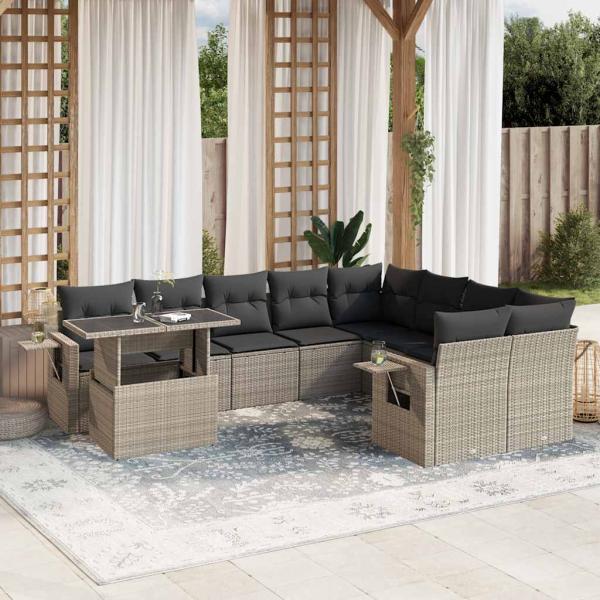 ARDEBO.de - 10-tlg. Garten-Sofagarnitur mit Kissen Hellgrau Poly Rattan