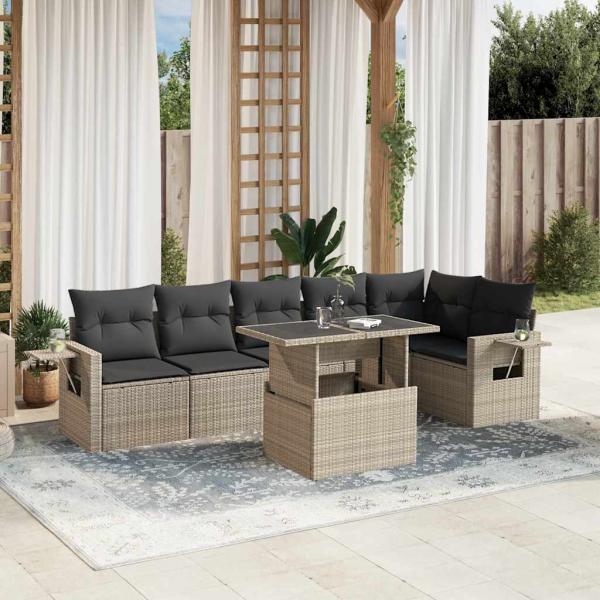 ARDEBO.de - 7-tlg. Garten-Sofagarnitur mit Kissen Hellgrau Poly Rattan