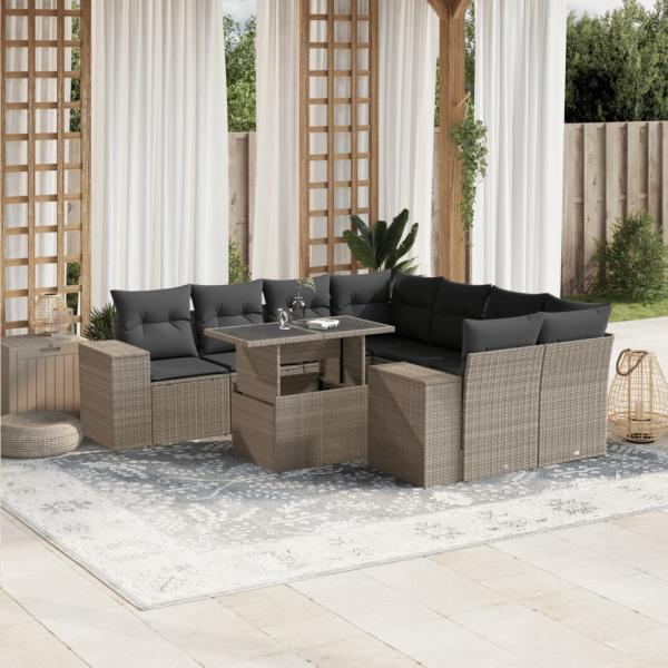 ARDEBO.de - 9-tlg. Garten-Sofagarnitur mit Kissen Hellgrau Poly Rattan