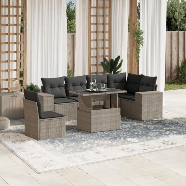 ARDEBO.de - 7-tlg. Garten-Sofagarnitur mit Kissen Hellgrau Poly Rattan