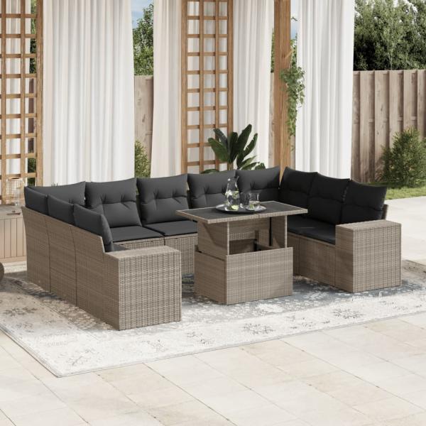 ARDEBO.de - 10-tlg. Garten-Sofagarnitur mit Kissen Hellgrau Poly Rattan