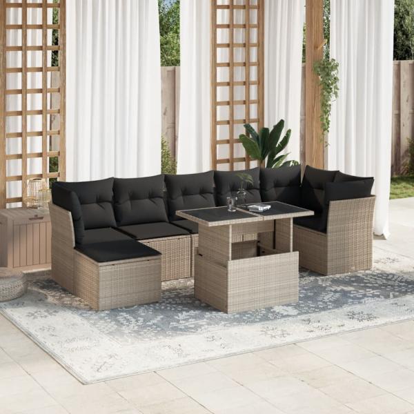 ARDEBO.de - 8-tlg. Garten-Sofagarnitur mit Kissen Hellgrau Poly Rattan