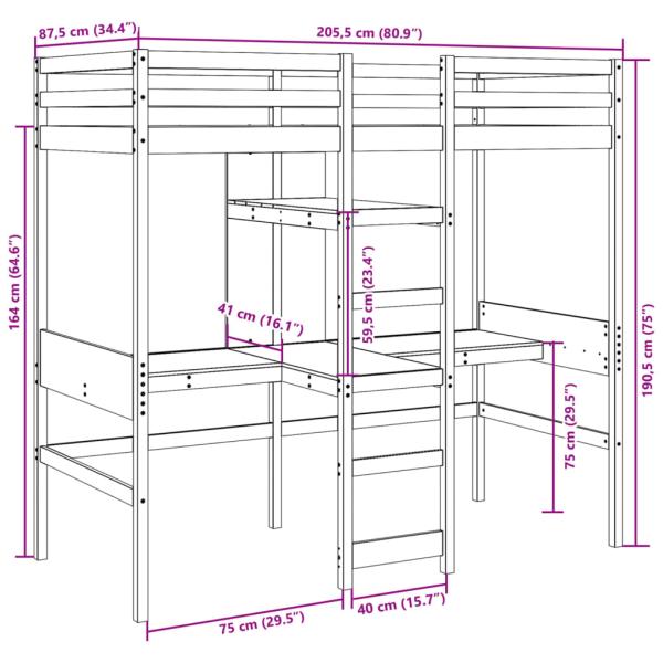 Hochbett ohne Matratze 80x200 cm Massivholz Kiefer