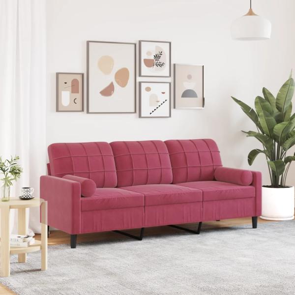 ARDEBO.de - 3-Sitzer-Sofa mit Zierkissen Weinrot 180 cm Samt