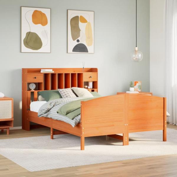 ARDEBO.de - Massivholzbett mit Regal ohne Matratze Wachsbraun 150x200 cm