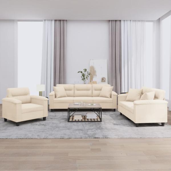 ARDEBO.de - 3-tlg. Sofagarnitur mit Kissen Beige Mikrofasergewebe