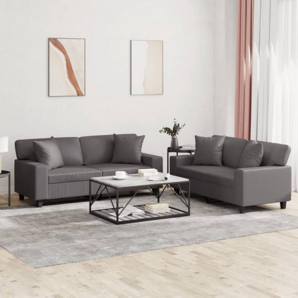 ARDEBO.de - 2-tlg. Sofagarnitur mit Kissen Grau Kunstleder