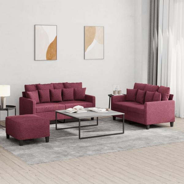 ARDEBO.de - 3-tlg. Sofagarnitur mit Kissen Weinrot Stoff