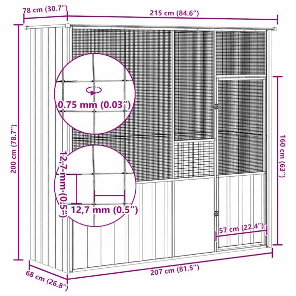 Voliere Grau 215x78x200 cm Verzinkter Stahl