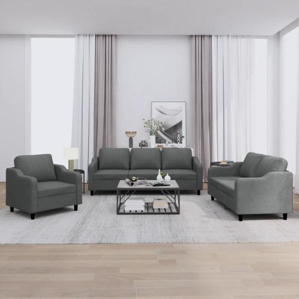 ARDEBO.de - 3-tlg. Sofagarnitur mit Kissen Dunkelgrau Stoff