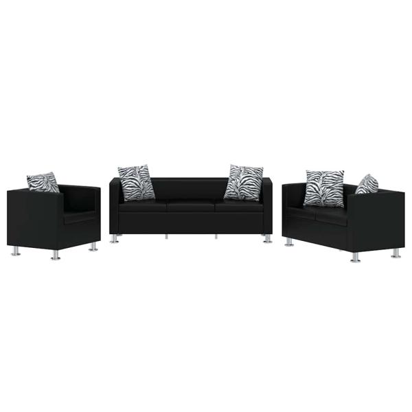 Sofa-Set Kunstleder 3-Sitzer + 2-Sitzer + Sessel Schwarz