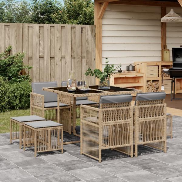 ARDEBO.de - 9-tlg. Garten-Essgruppe mit Kissen Beigemischung Poly Rattan